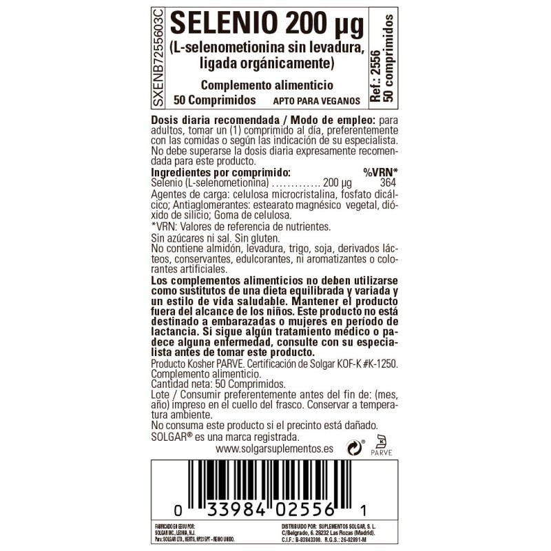 Selenio 200mcg Solgar 50comp (sin levadura)