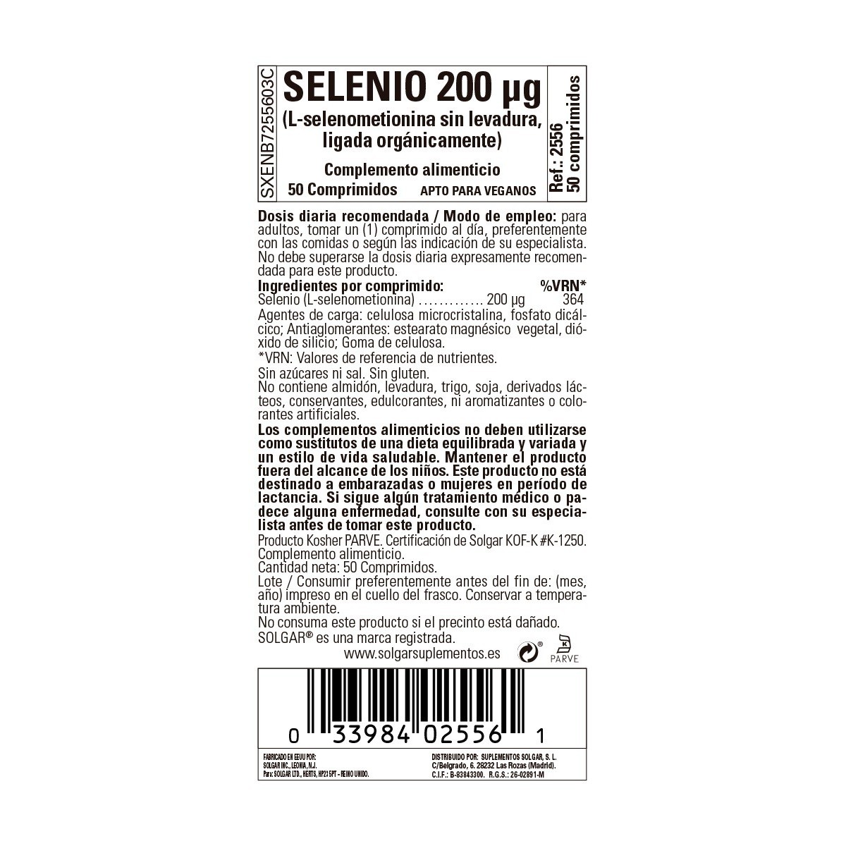 Selenio 200mcg Solgar 50comp (sin levadura)