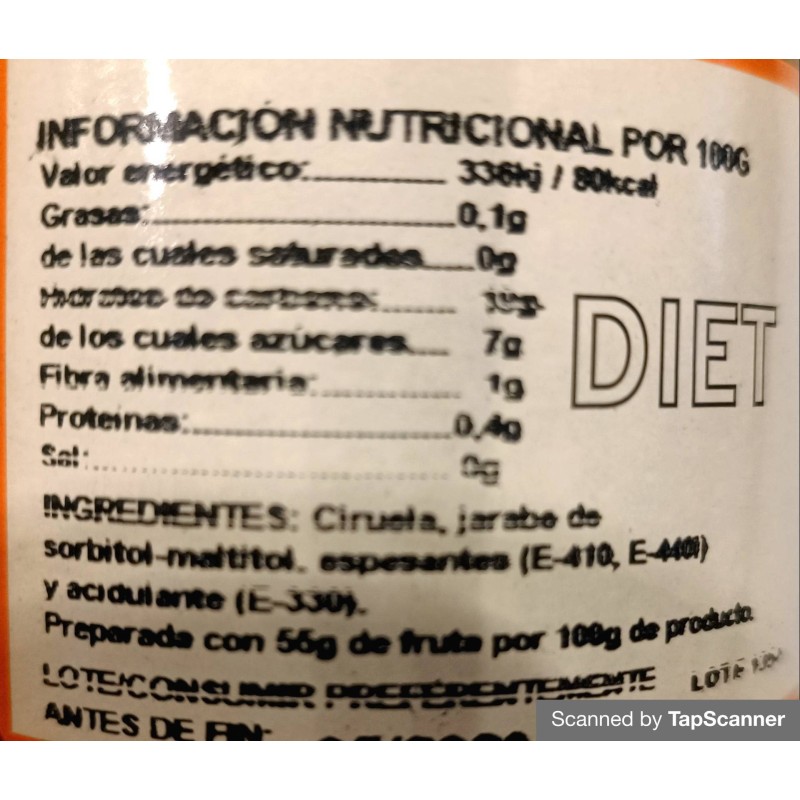 Mermelada Ciruela Diet Sin Azucares Sin Fructosa 330g Intracma