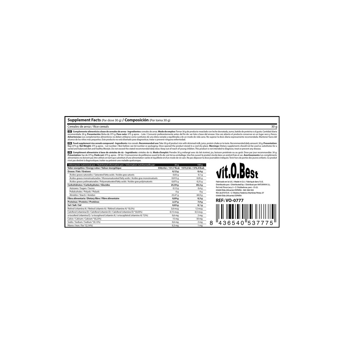 RICE MEAL 375GR-CEREALES DE ARROZ- VITOBEST